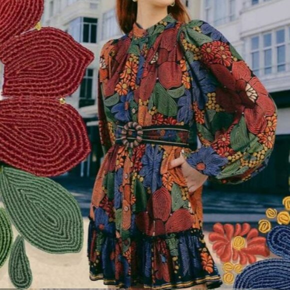 Farm Rio Black Stitched Flowers Long Sleeve Mini Dress - Picture 3 of 13